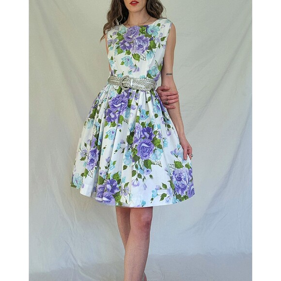 1950s Fit and Flare Floral Cotton Swing Dress: Petite Vintage Dress, Womens L/XL - Picture 9 of 12